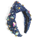 Leopard Denim Headband with Iridescent Crystals