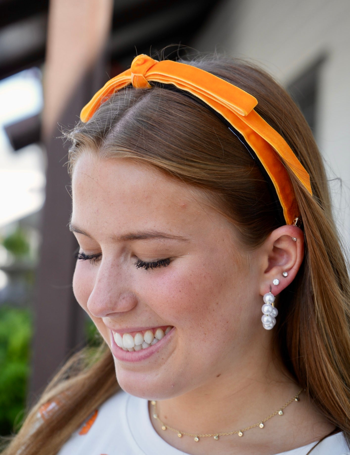 Thin Ribbon Bow Headband - Orange Velvet [Brianna Cannon]