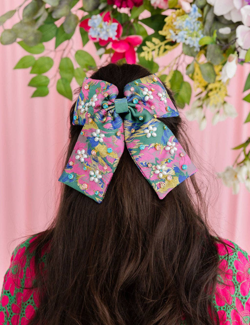 Pearl Flower Green & Pink Brocade Bow Clip [Brianna Cannon]