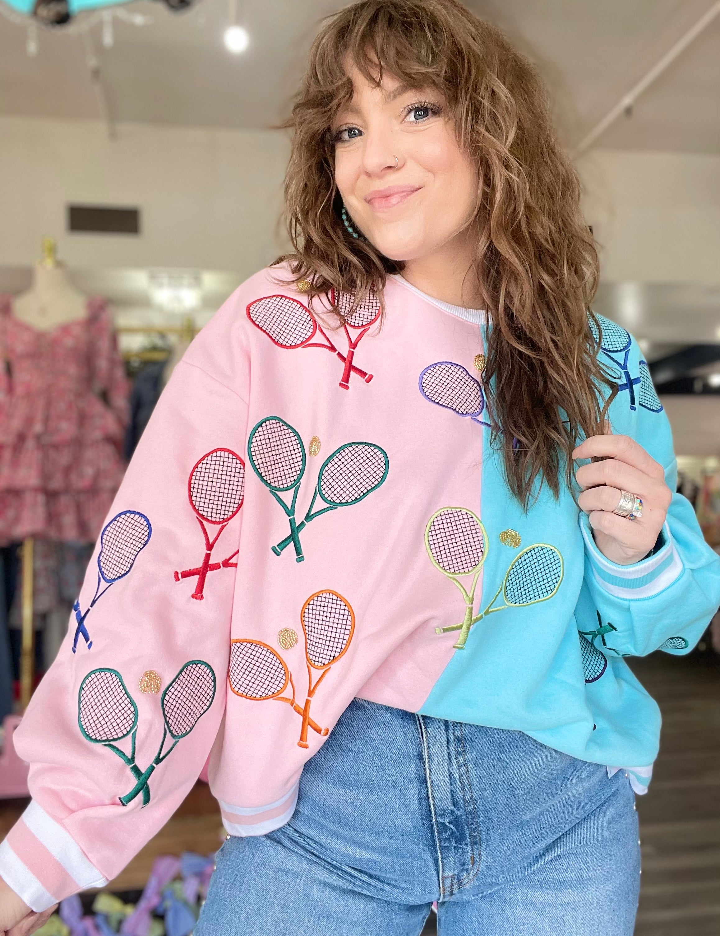 Colorblock Tennis Sweatshirt Light Pink and Blue Queen of Sparkles