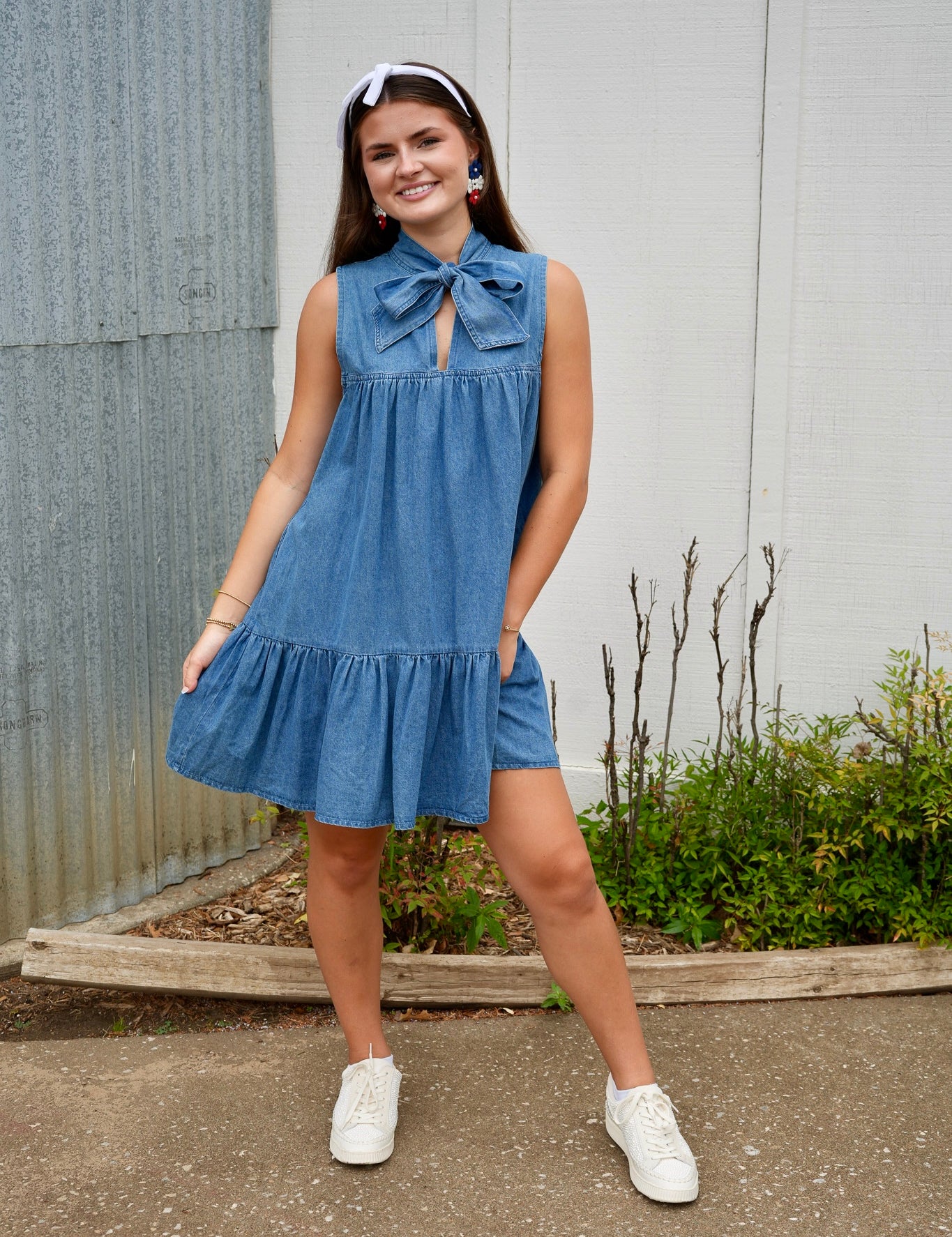 Charlie Neck Bow Denim Dress - Dark Denim