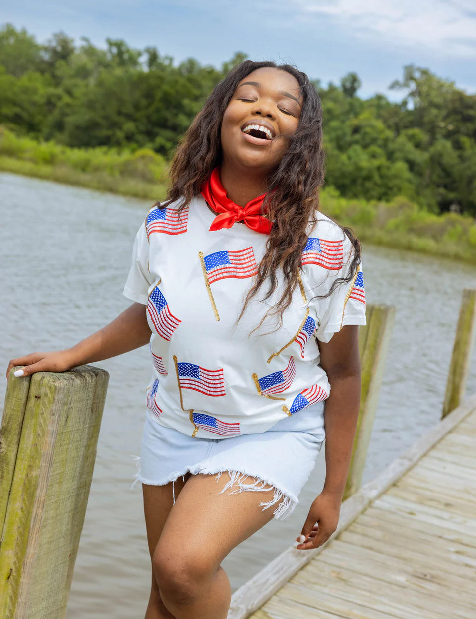 Scattered Metallic American Flag Tee - White [Queen of Sparkles]