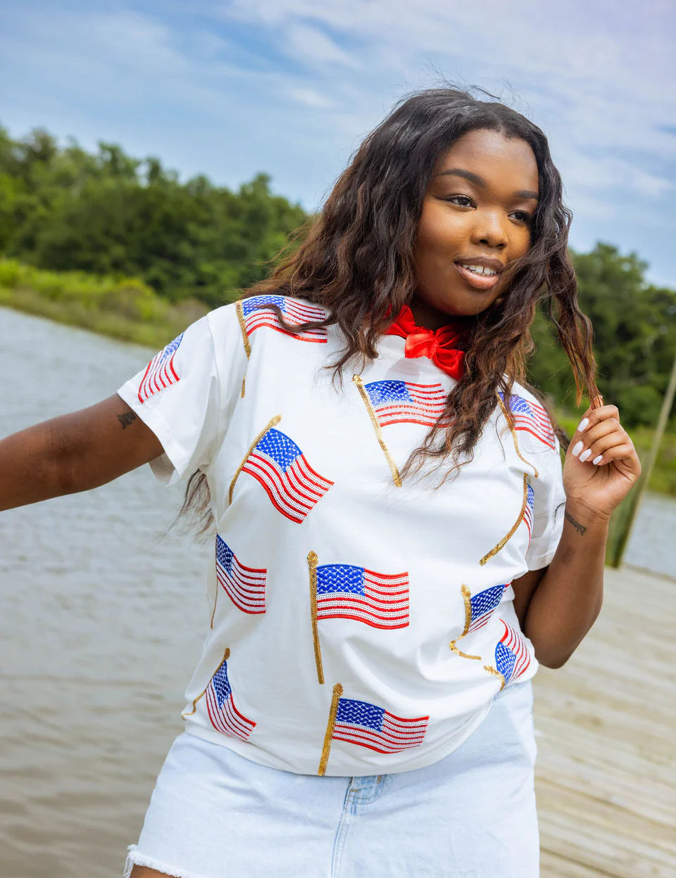 Scattered Metallic American Flag Tee - White [Queen of Sparkles]