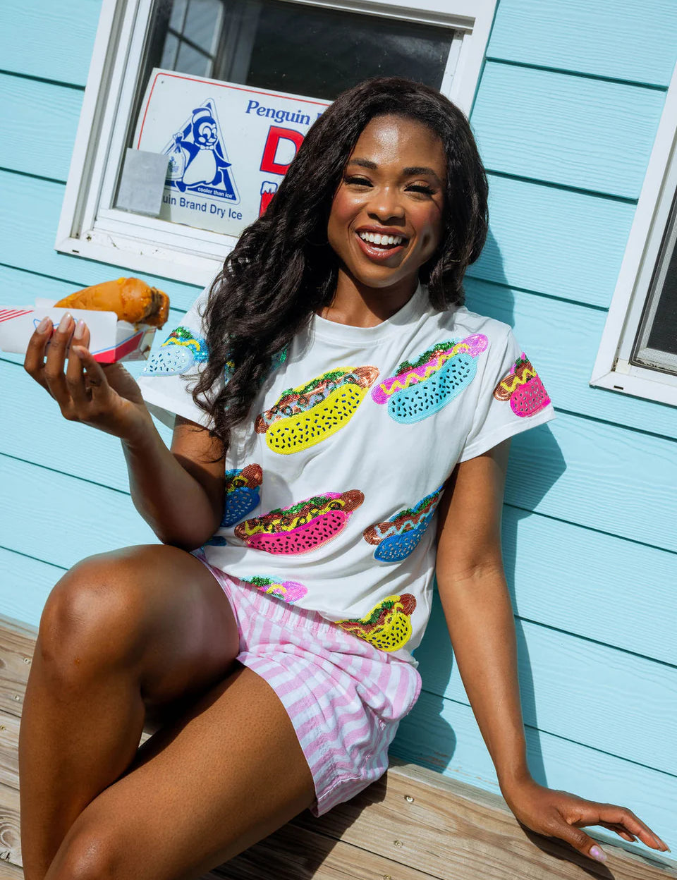 Scattered Multi Color Hot Dog Tee - White [Queen of Sparkles]