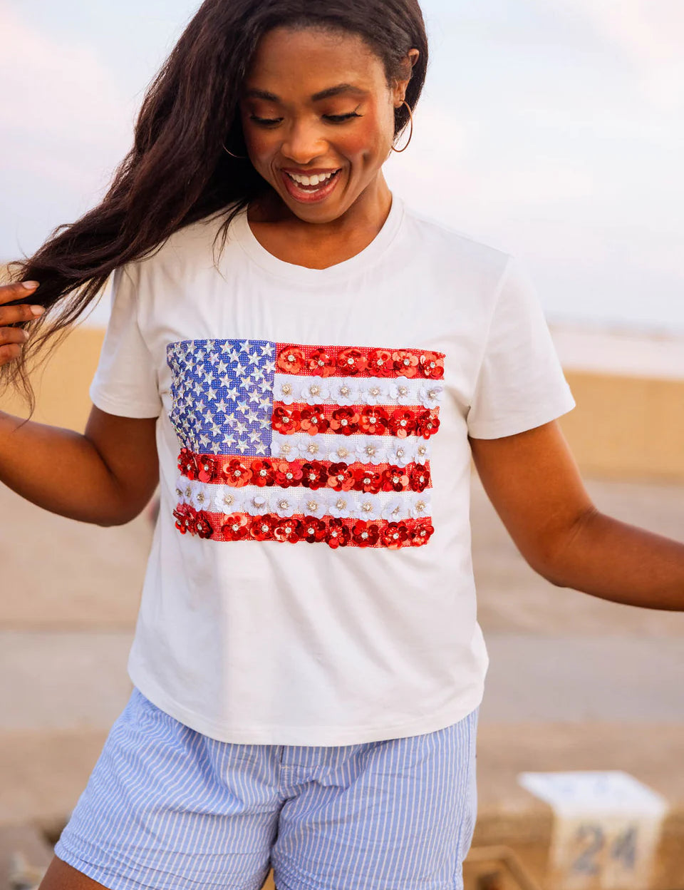 Flower American Flag Tee - White [Queen of Sparkles]