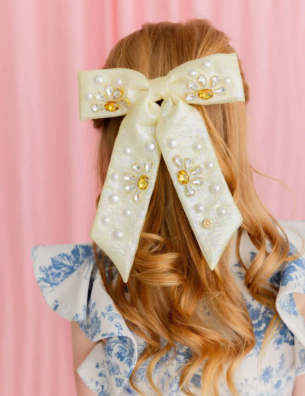 Daisy Crystal and Pearl Yellow Shimmer Bow Barrette [Brianna Cannon]