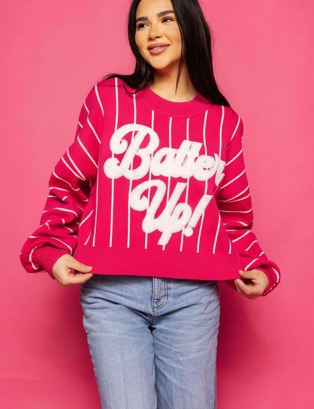 Stripe Long Sleeve “Batter Up” Sweater - Hot Pink & White [Queen of Sparkles]