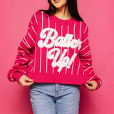 Stripe Long Sleeve “Batter Up” Sweater - Hot Pink & White [Queen of Sparkles]