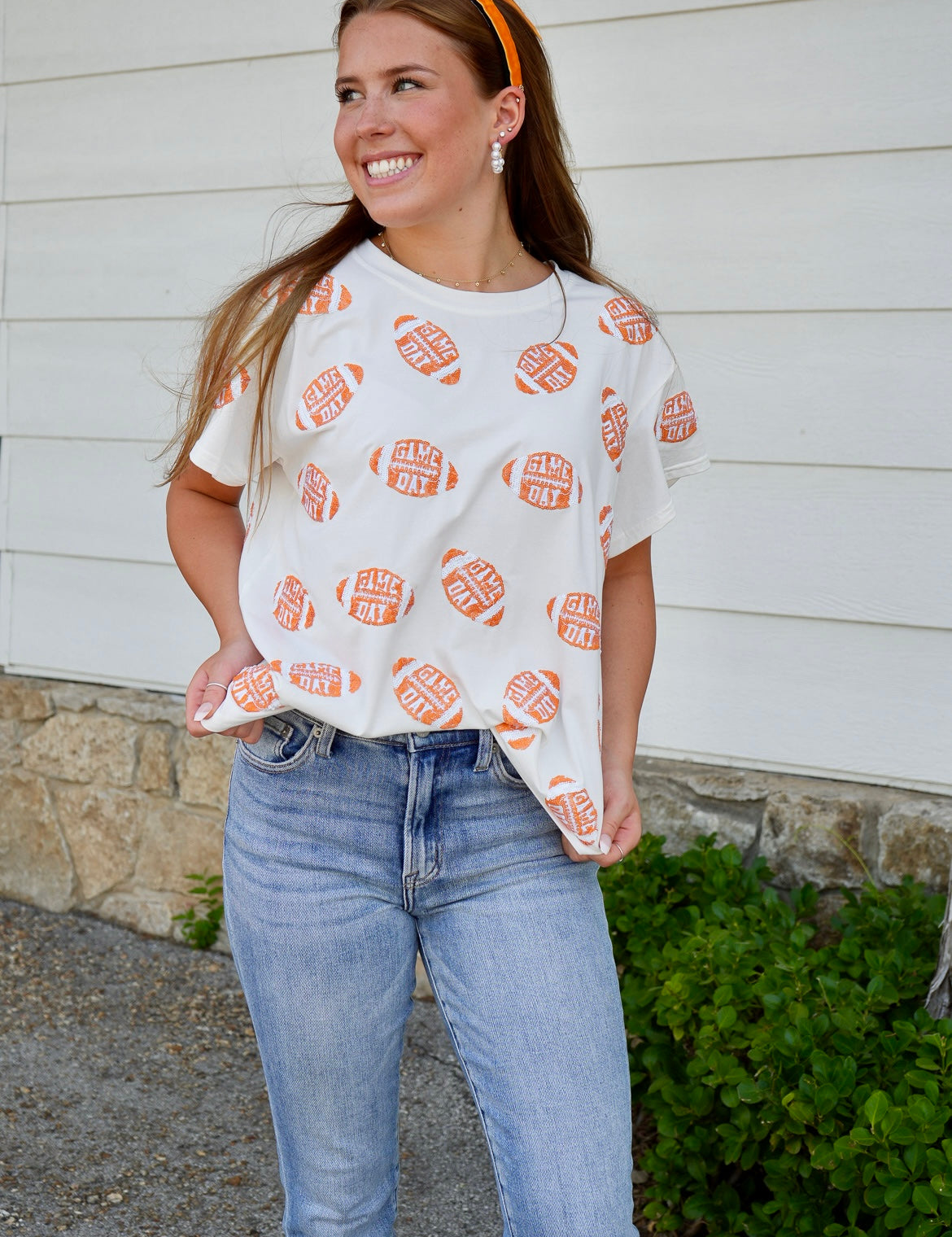 Game Day Football Tee - White & Orange [Queen of Sparkles]