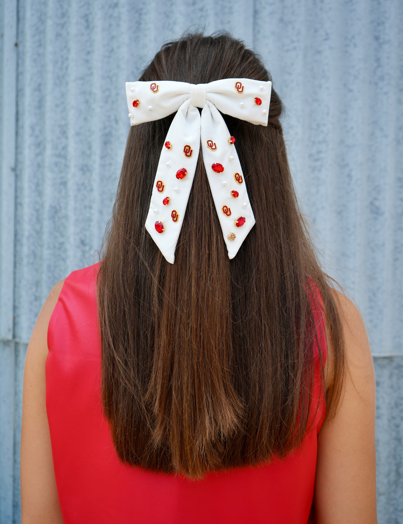 Crystal and Pearl OU Bow Barrette - White [Brianna Cannon]