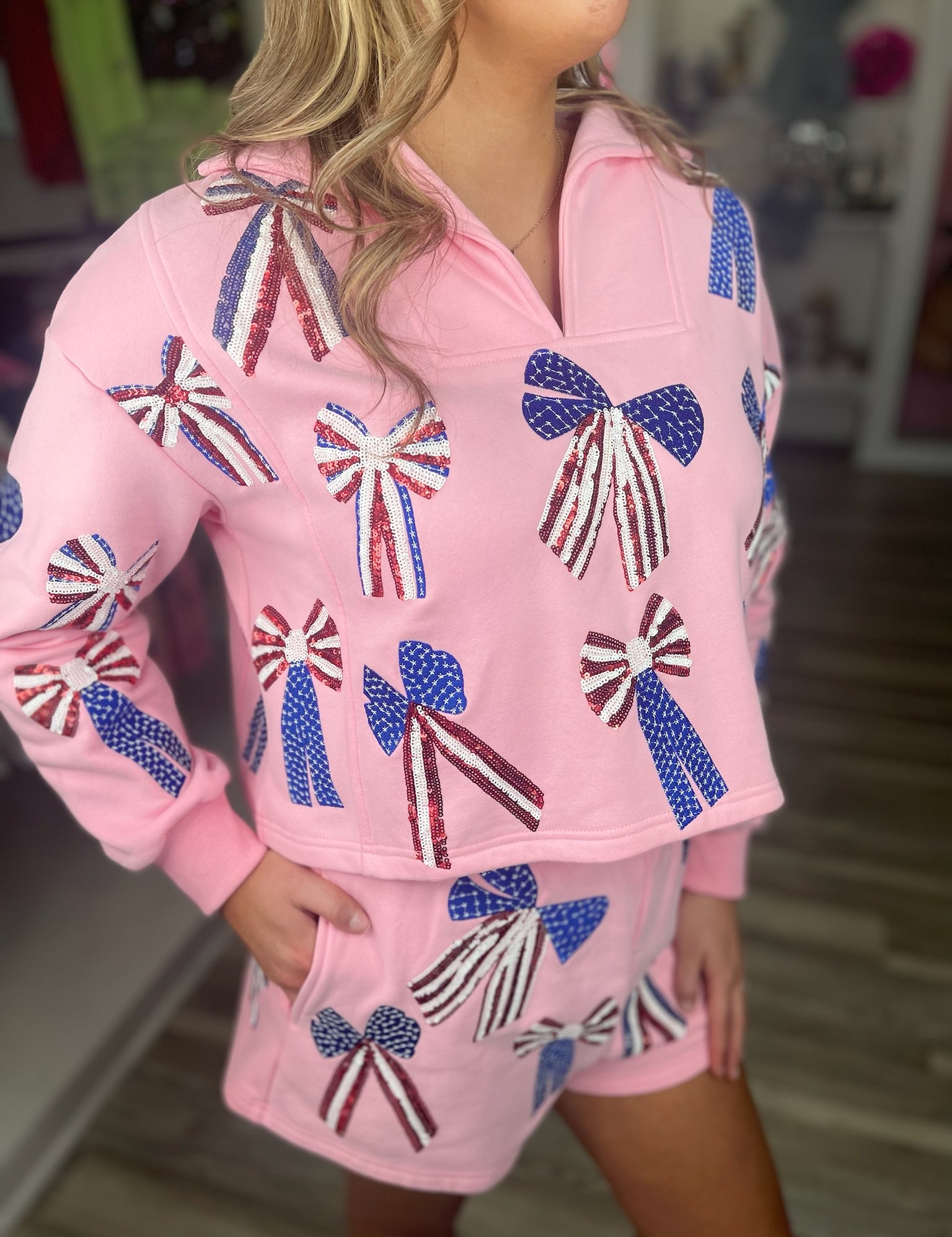 USA Bow Collar Sweatshirt - Light Pink [Queen of Sparkles]