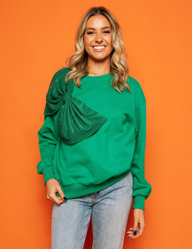 Oversized Rhinestone Bow Sweatshirt - Emerald Green [Queen of Sparkles]