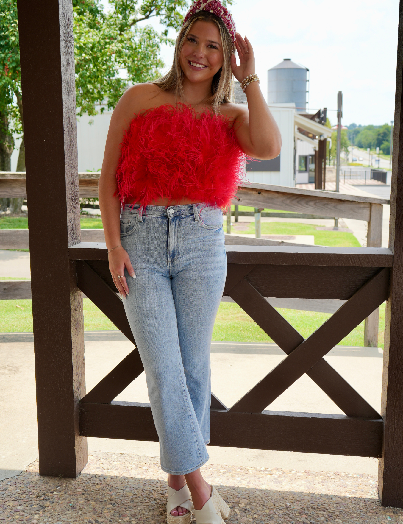 Fancy Strapless Feather Crop Top - Crimson [BuddyLove]