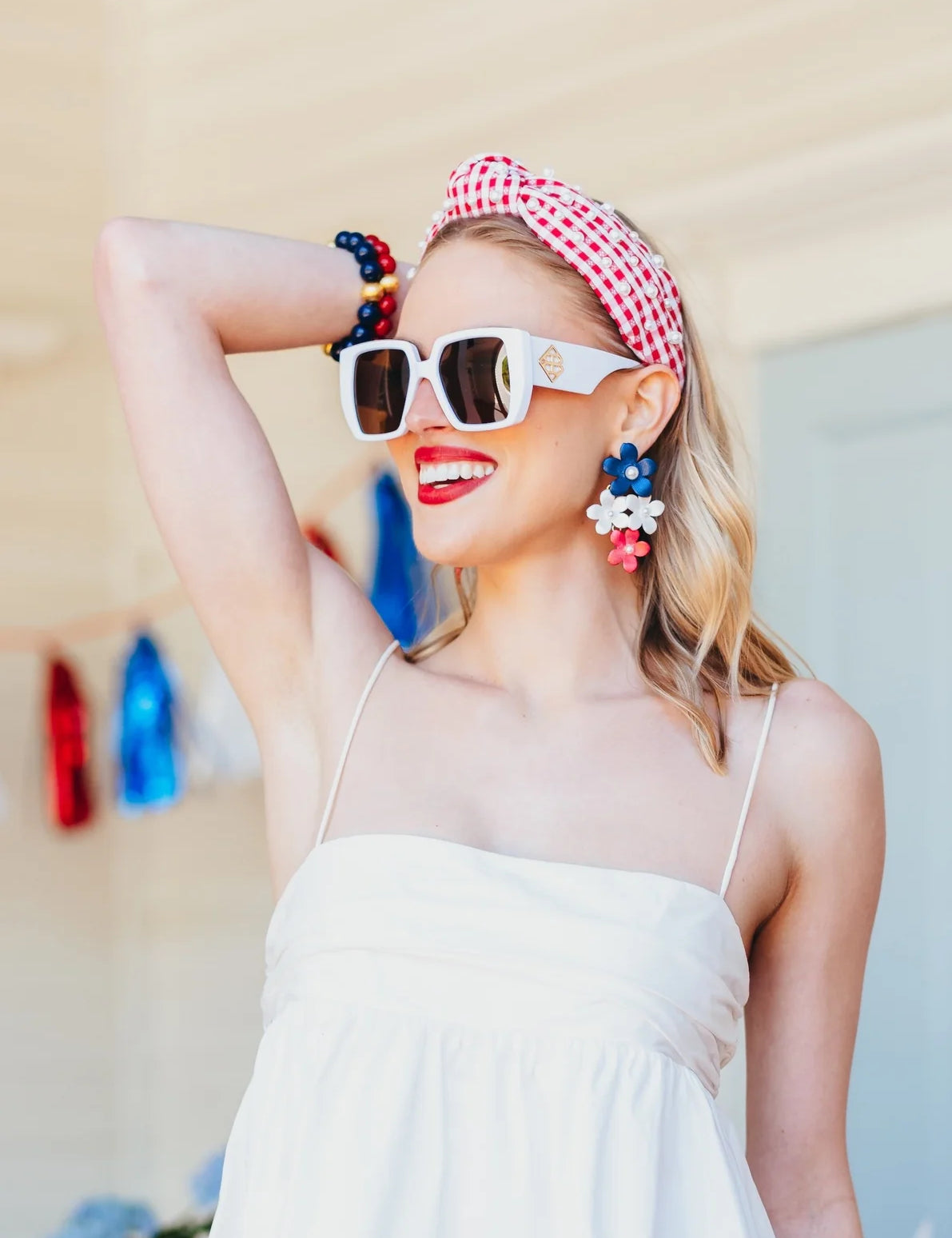 Blue, White & Red Flower Drop Earrings [Brianna Cannon]