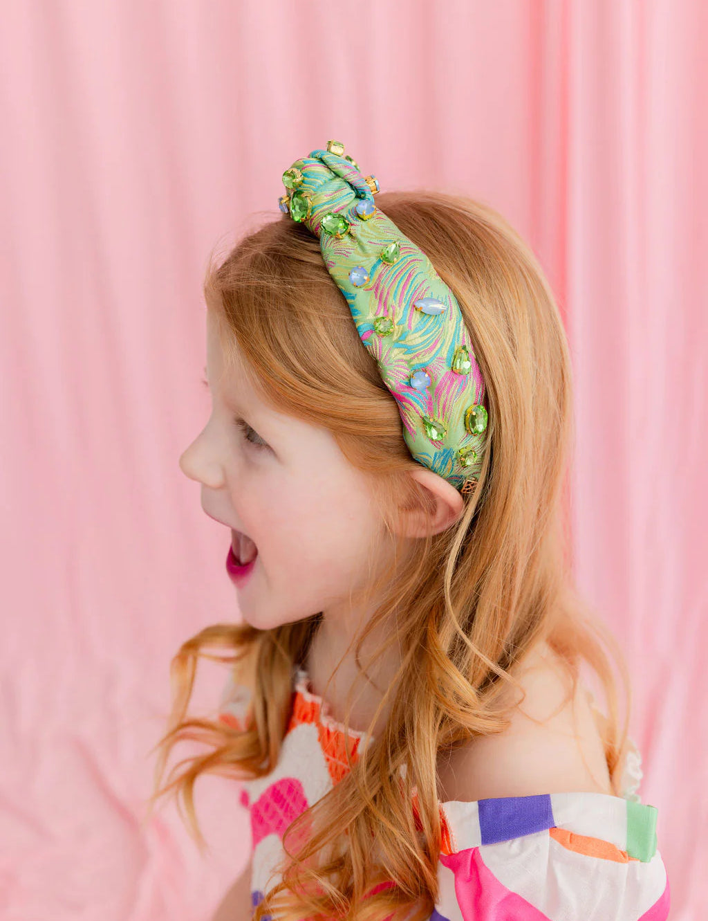 Child Size Bright Green Brocade Headband with Pink and Blue [Brianna Cannon]