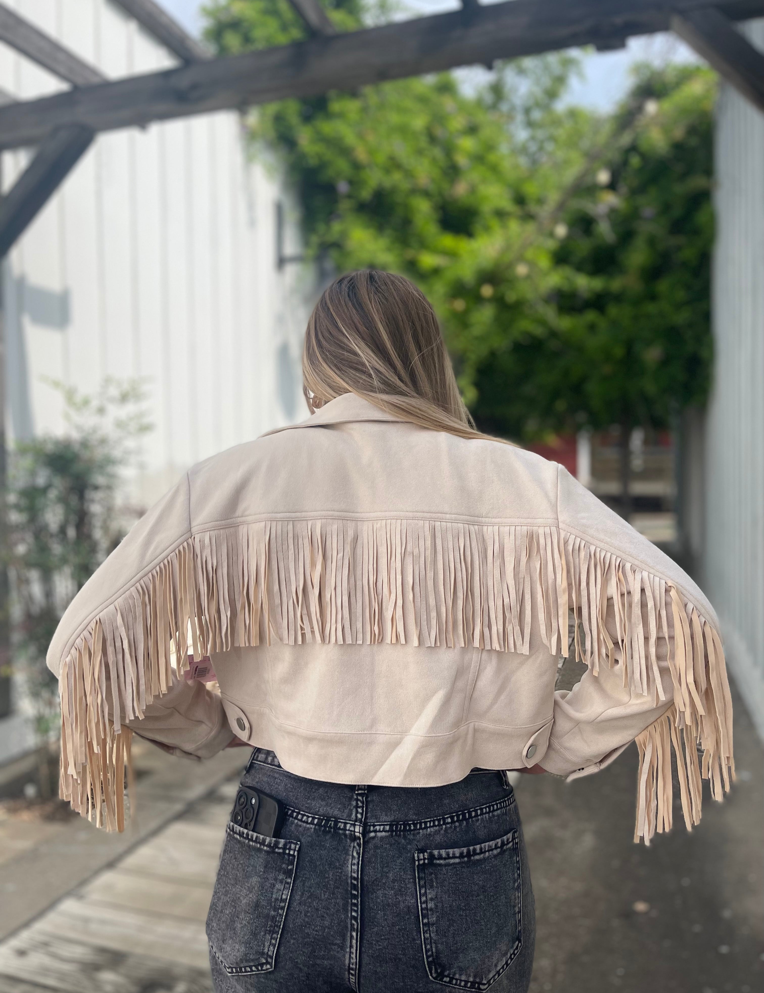 Wilhelmina Long Sleeve Fringe Jacket Taupe