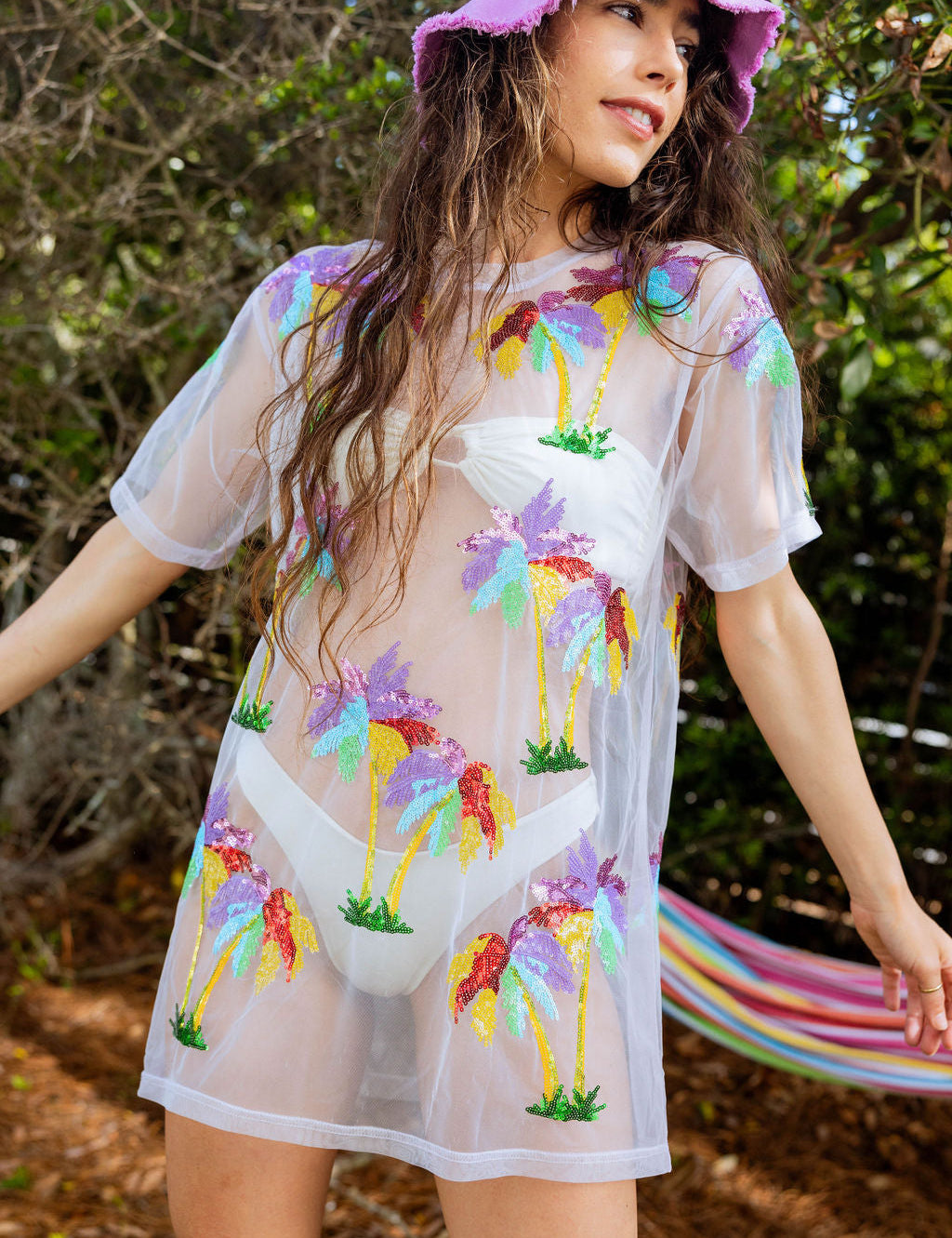 Multi Palm Tree Sheer Coverup White Queen of Sparkles