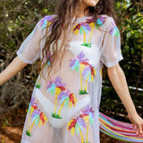 Multi Palm Tree Sheer Coverup - White [Queen of Sparkles]