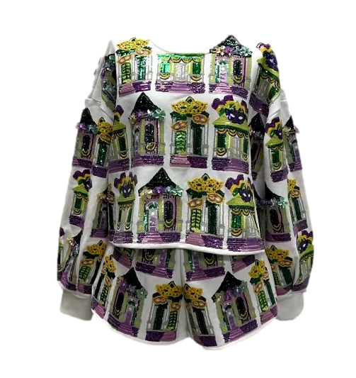 Mardi Gras Porches Sweatshirt - White [Queen of Sparkles]