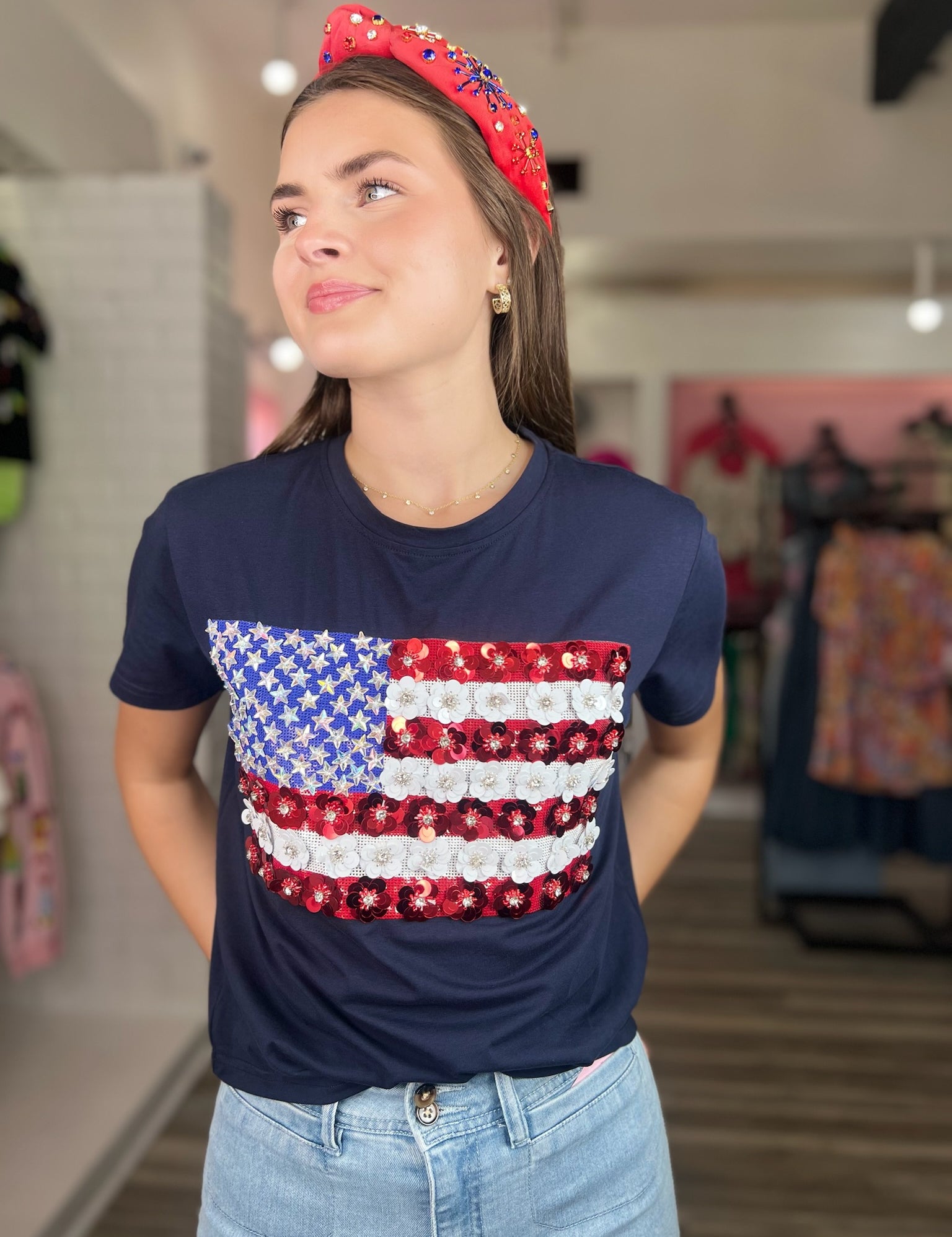 Flower American Flag Tee - Navy [Queen of Sparkles]