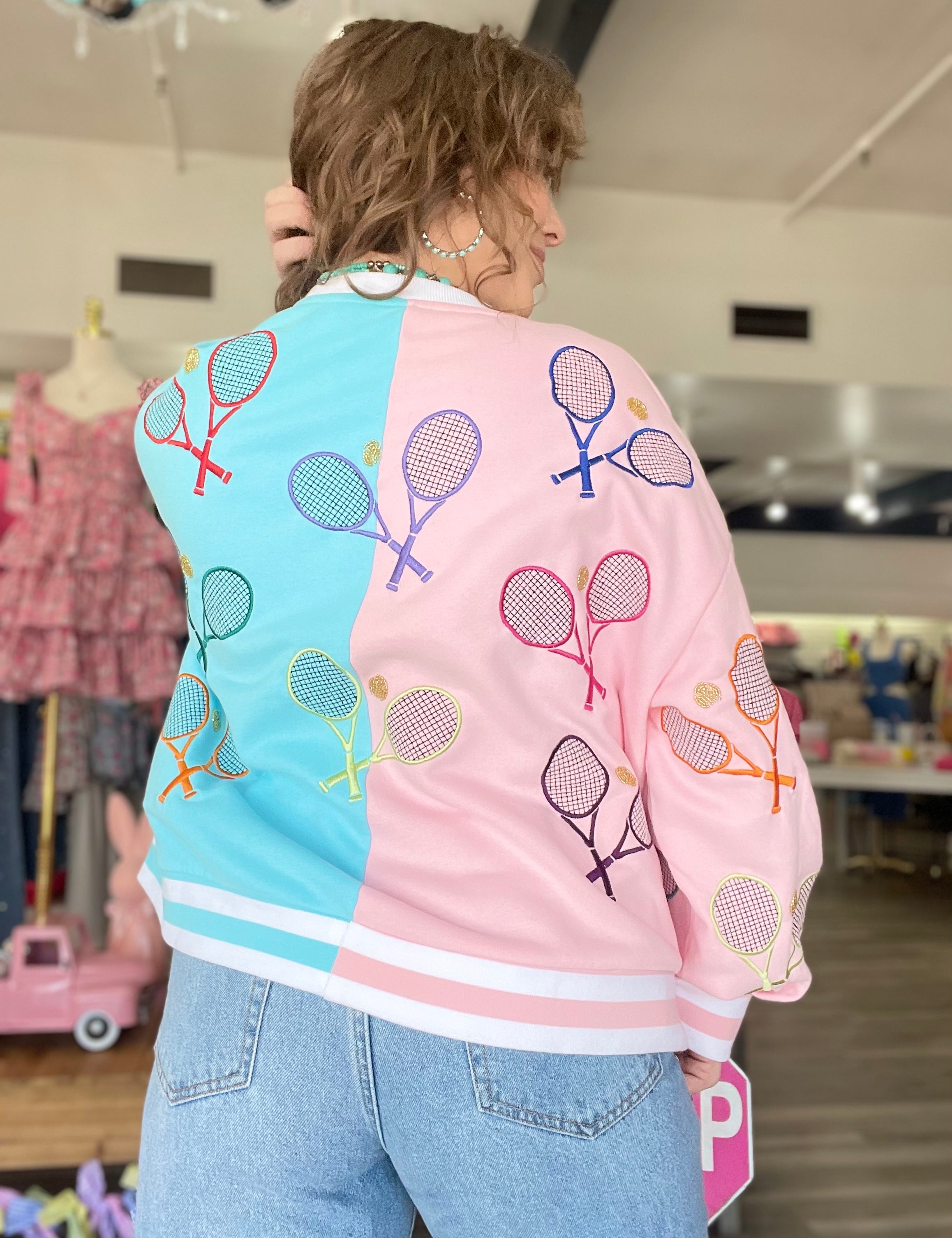 Colorblock Tennis Sweatshirt Light Pink and Blue Queen of Sparkles