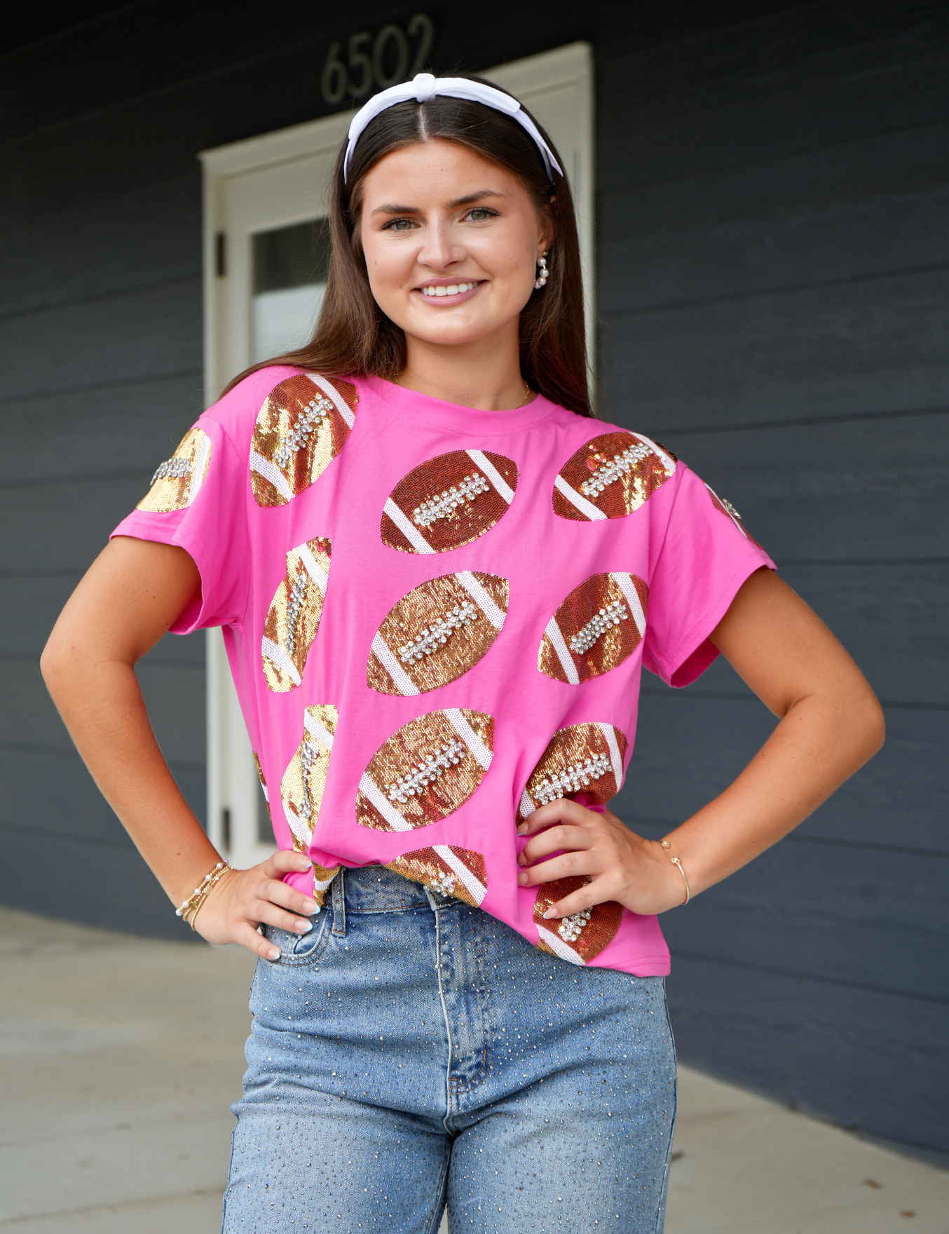 Rhinestone Lace Football Tee - Pink & Gold [Queen of Sparkles]