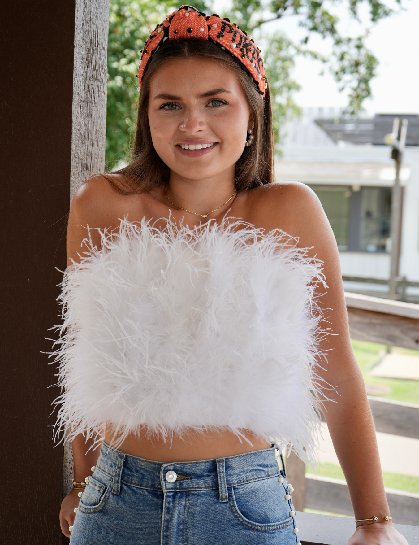 Fancy Strapless Feather Crop Top - White [BuddyLove]