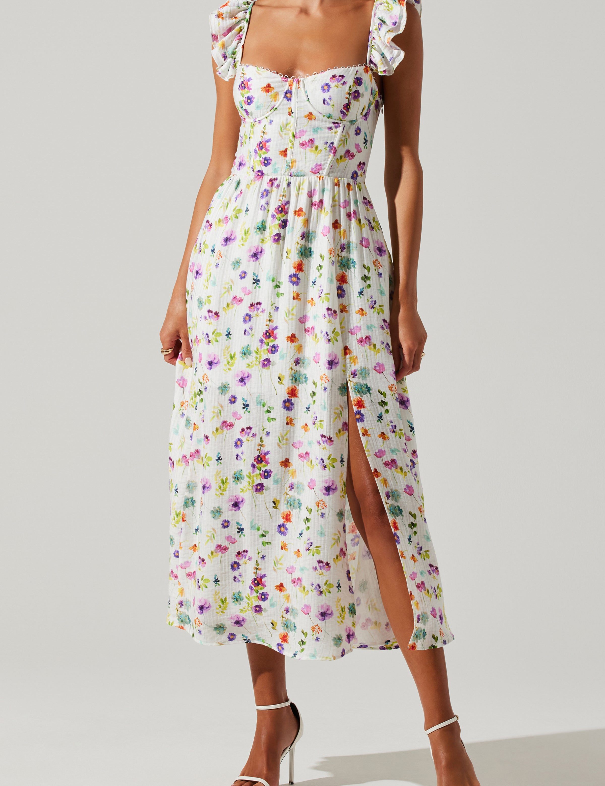 Wedelia Side Slit Floral Dress - Cream Purple Floral [ASTR]