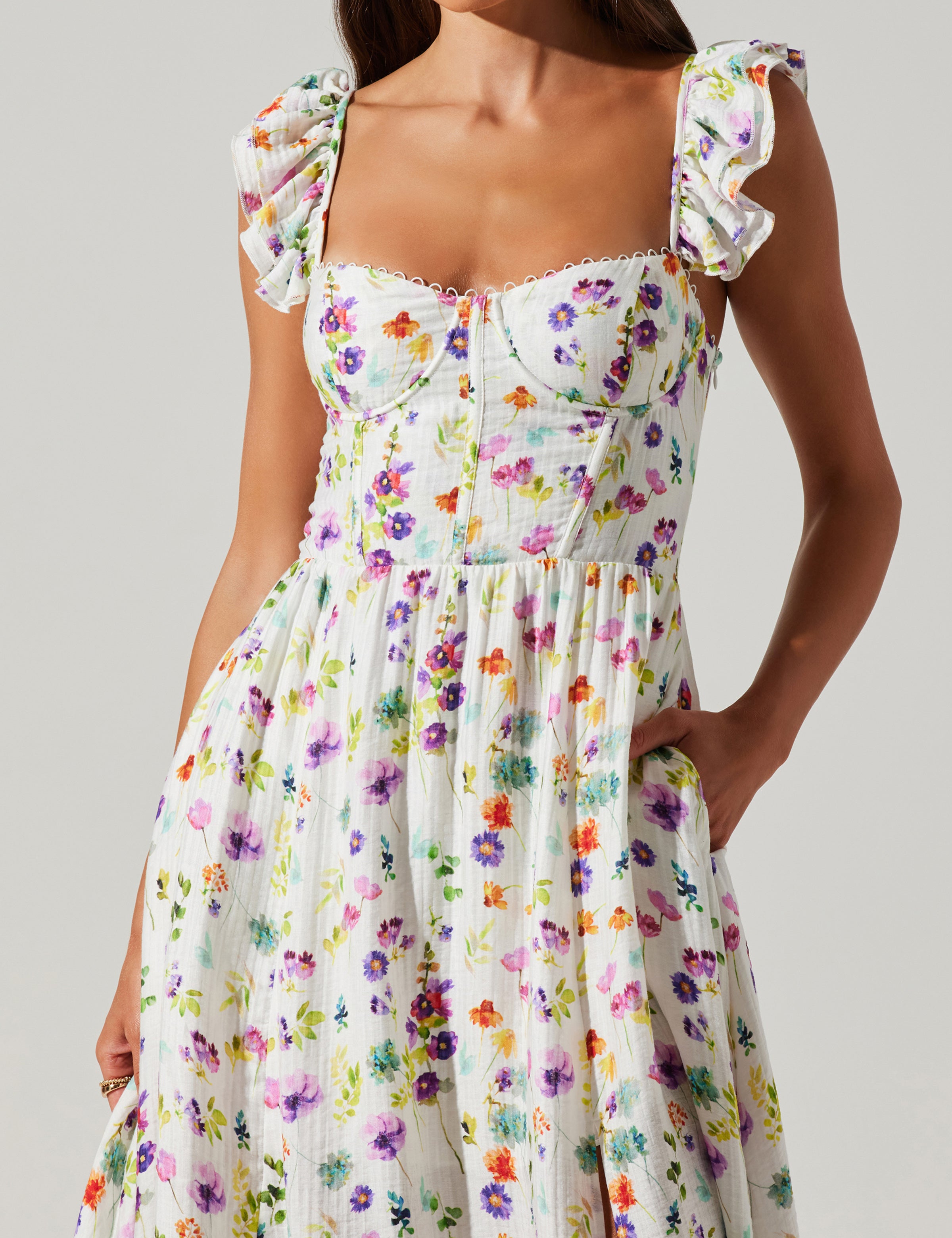 Wedelia Side Slit Floral Dress - Cream Purple Floral [ASTR]