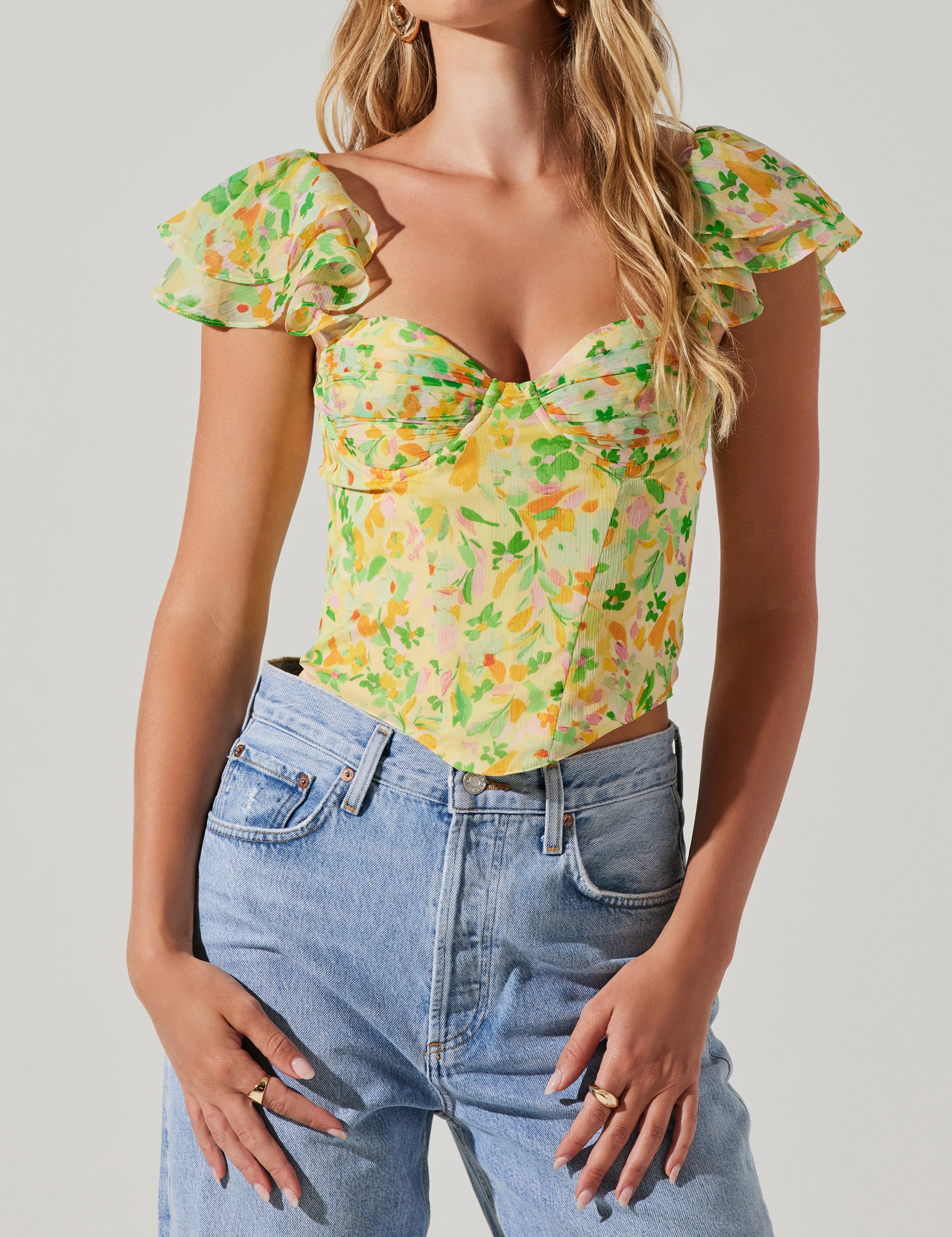 Corazon Floral Corset Top Yellow Green Multi