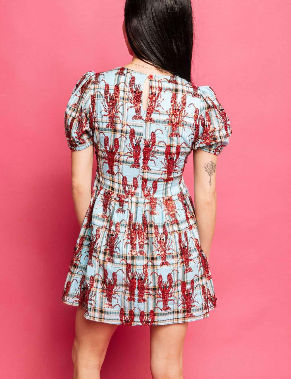 Plaid Crawfish Tie Cotton Dress - Aqua [Queen of Sparkles]