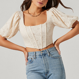 Square Neckline Balloon Sleeve Top Cream