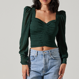 Long Sleeve Ruched Puff Sleeve Top Hunter Green