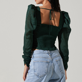 Long Sleeve Ruched Puff Sleeve Top Hunter Green