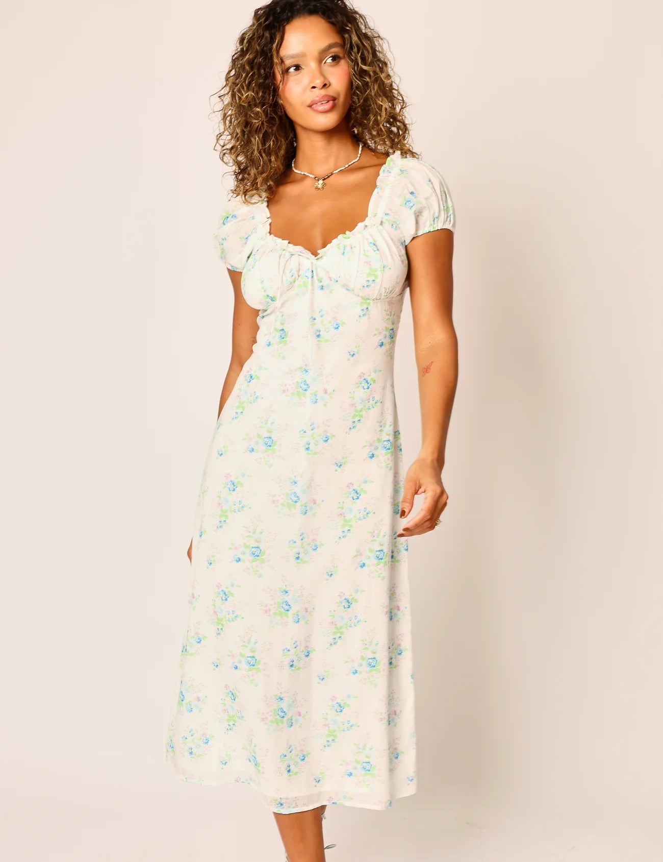 Daphne Floral Midi Dress - White & Blue Floral [Amy Jane London]