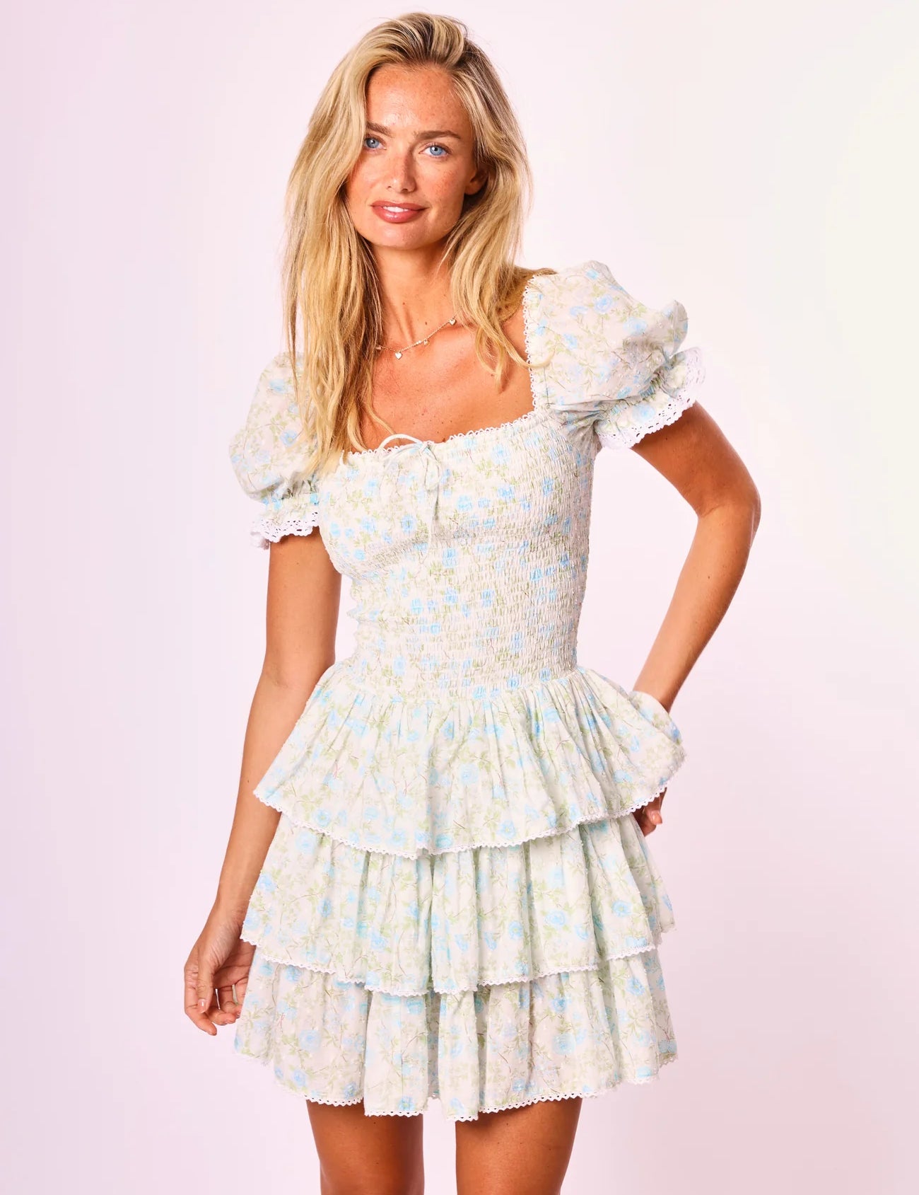 Preorder Rosa Floral Mini Dress - Blue Paisley Gingham [Amy Jane London]