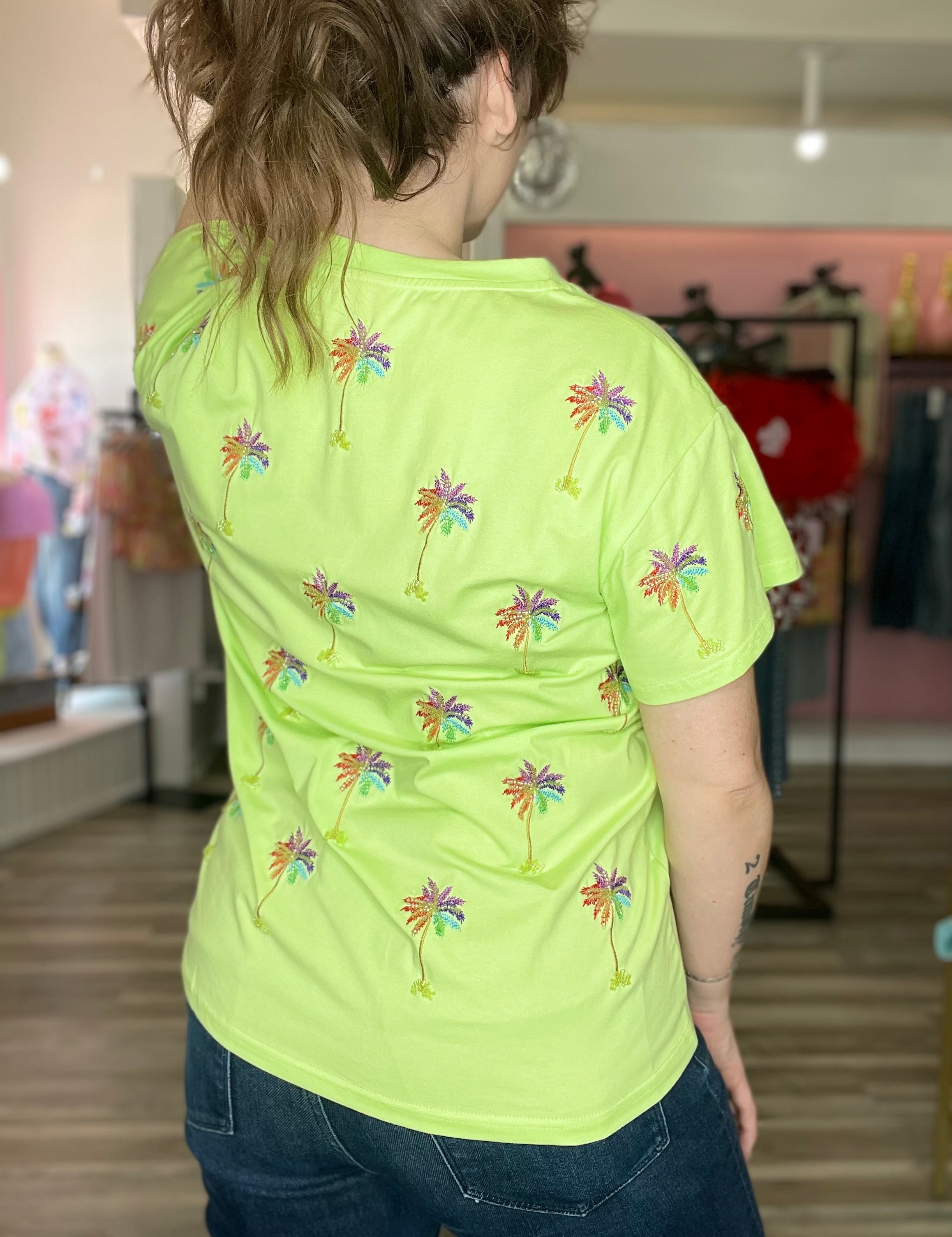 Beaded Mini Palm Tree Tee - Lime Green [Queen of Sparkles]