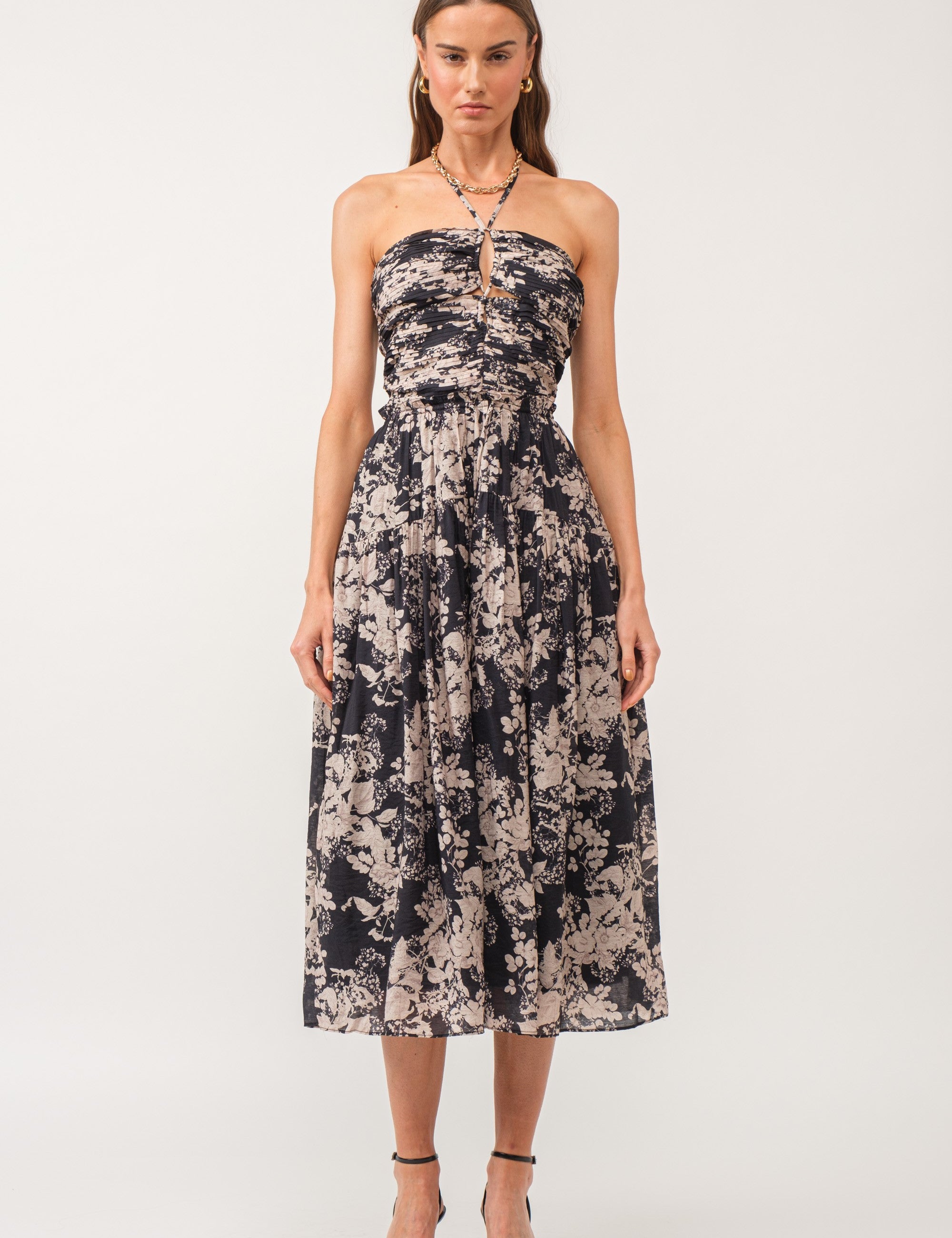 Cora Floral Halter Midi Dress Black