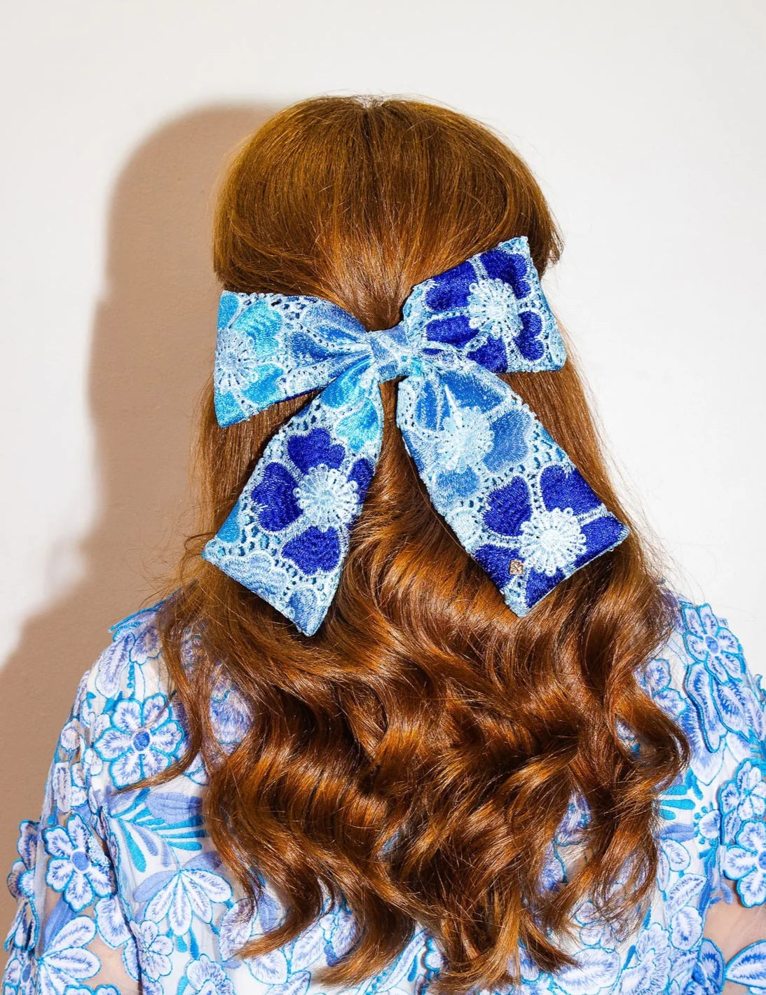 Blue Mosaic Lace Flowers Bow Barrette [Brianna Cannon]