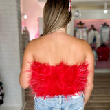 Fancy Strapless Feather Crop Top - Crimson [BuddyLove]