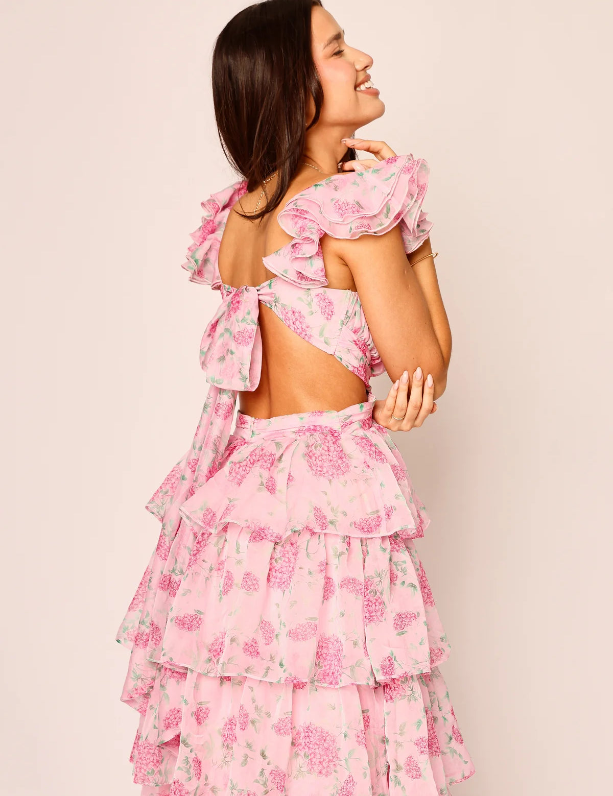 Ofilia Ruffle Floral Maxi Dress - Pink Hydrangea Floral [Amy Jane London]