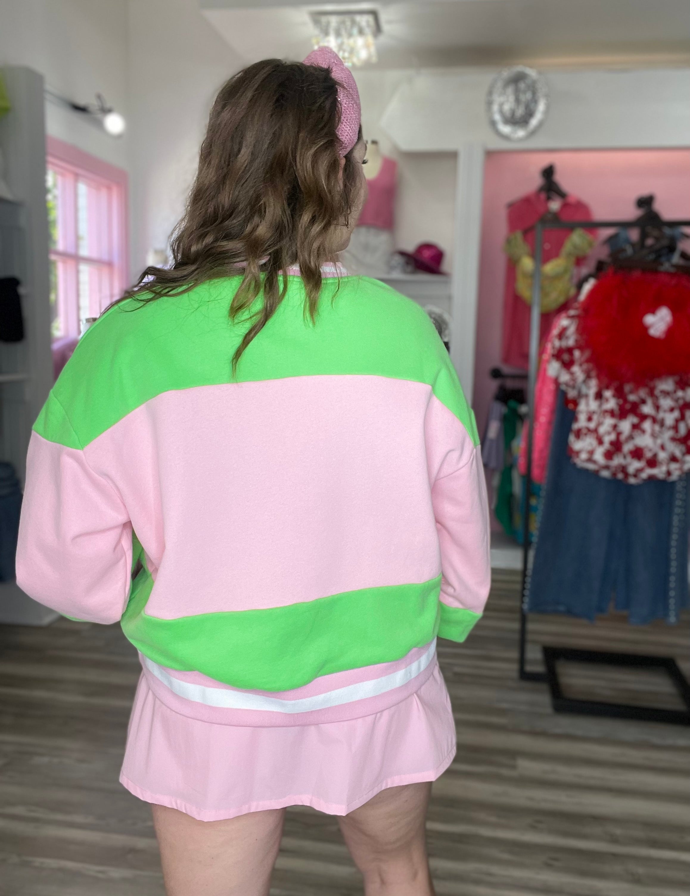 Green & Pink Stripe Pickleball Sweatshirt [Queen of Sparkles]