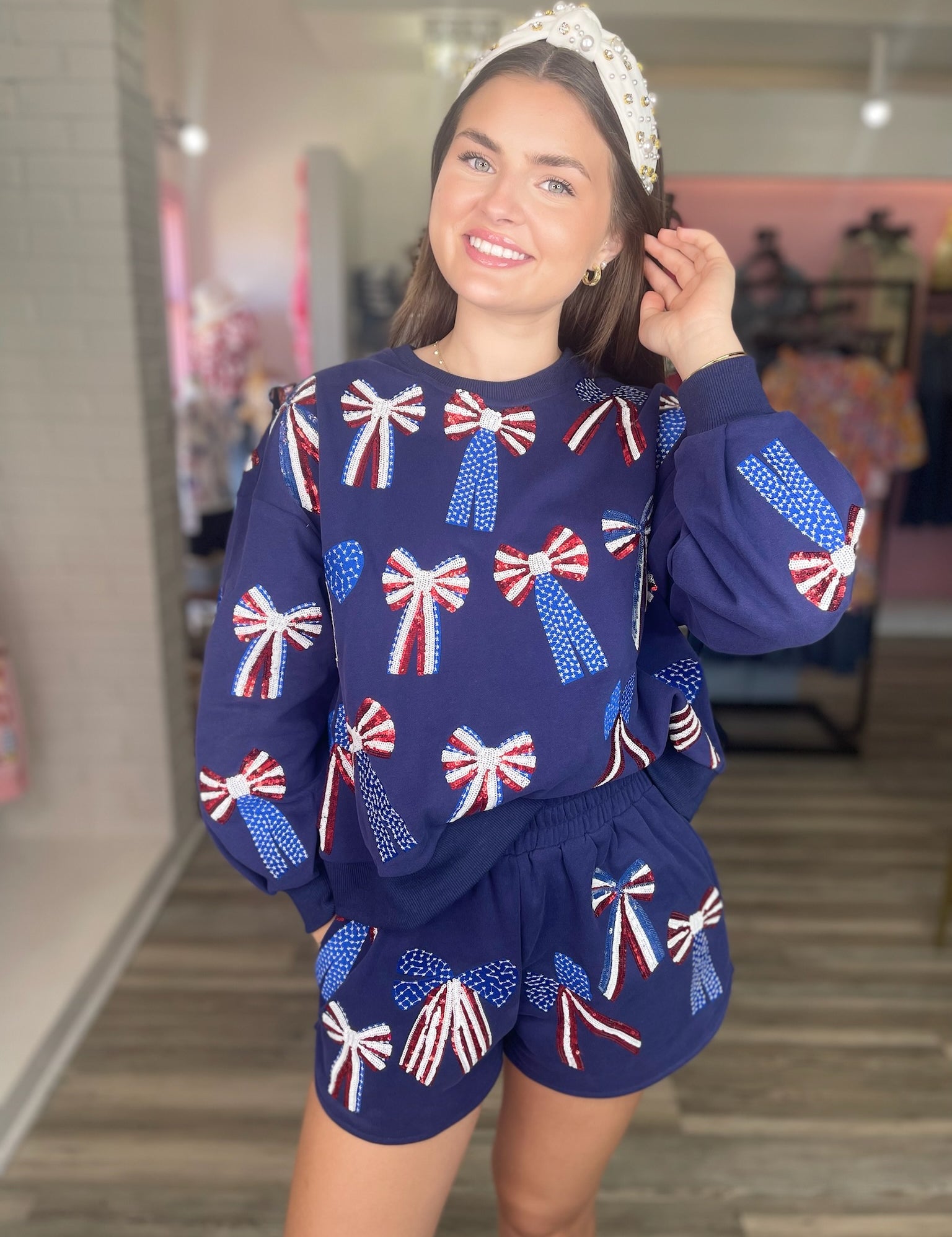 Red, White & Blue Bow Sweatshirt - Navy [Queen of Sparkles]