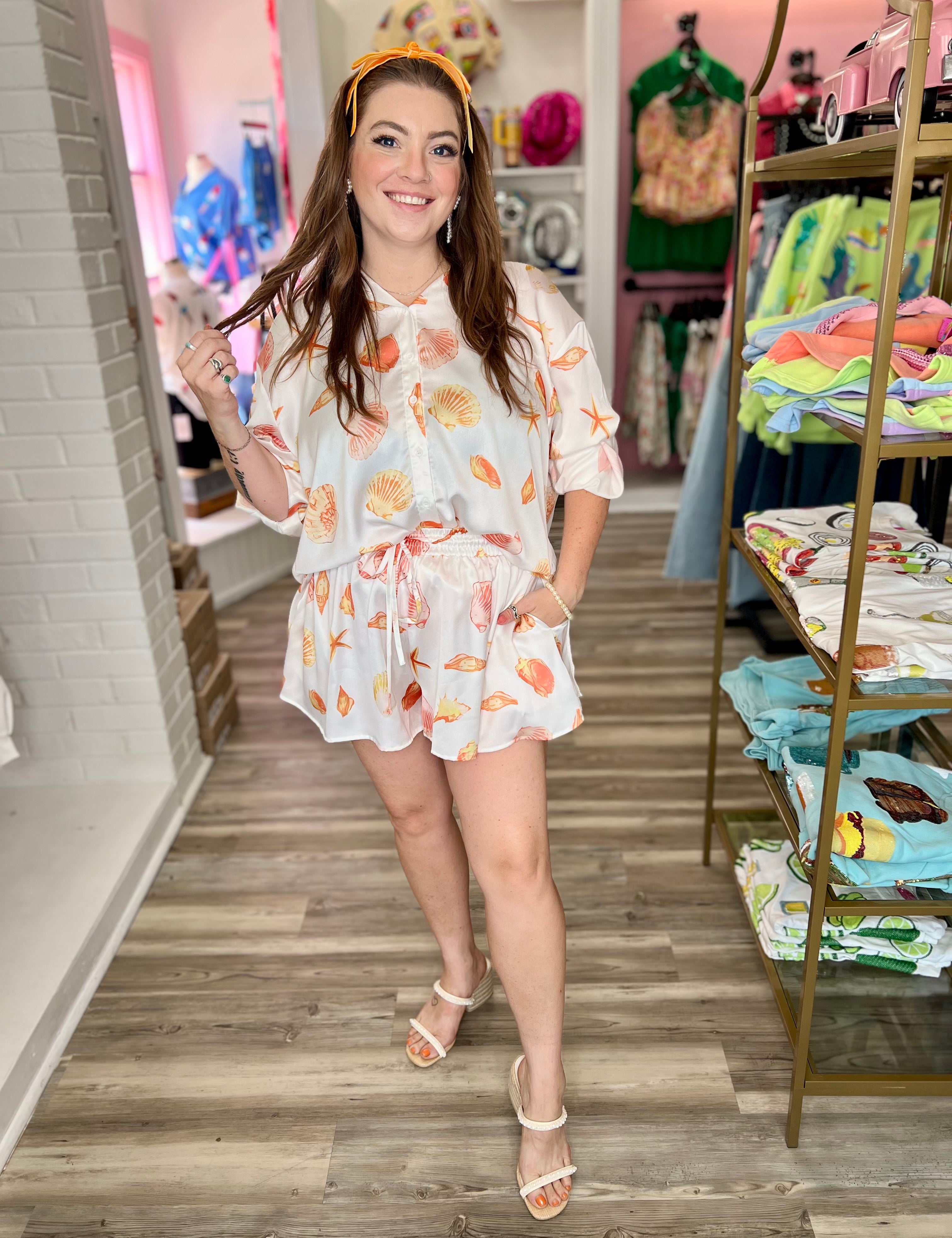 Rio Shell Print Button Down and Shorts Set Orange