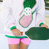 Jeweled Sport Stripe Pickle Ball Sweatshirt - Grey, Green & Pink [Queen of Sparkles]