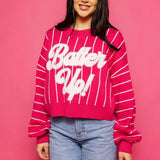 Stripe Long Sleeve “Batter Up” Sweater - Hot Pink & White [Queen of Sparkles]