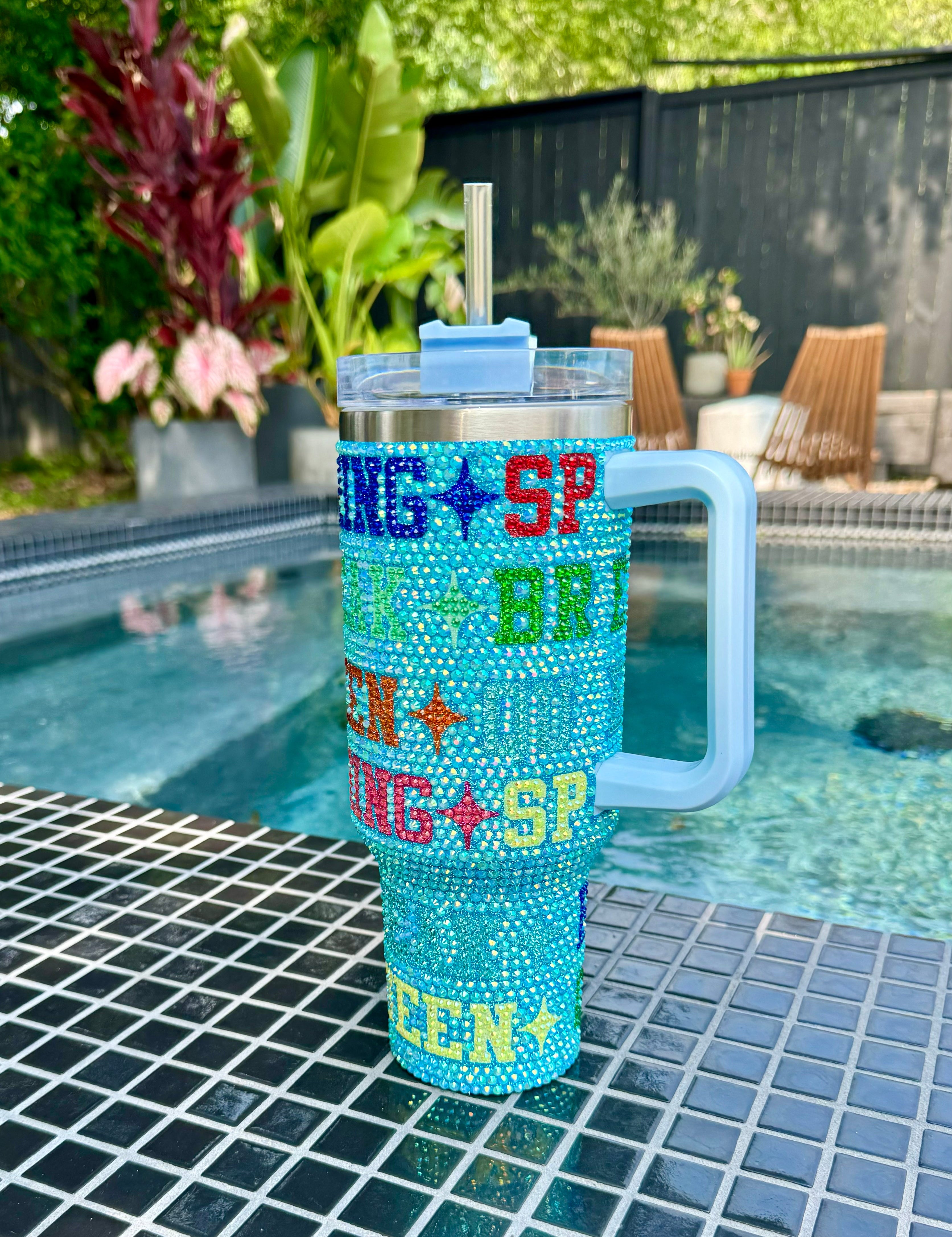 Aqua Spring Break Queen Rhinestone Tumbler Queen of Sparkles