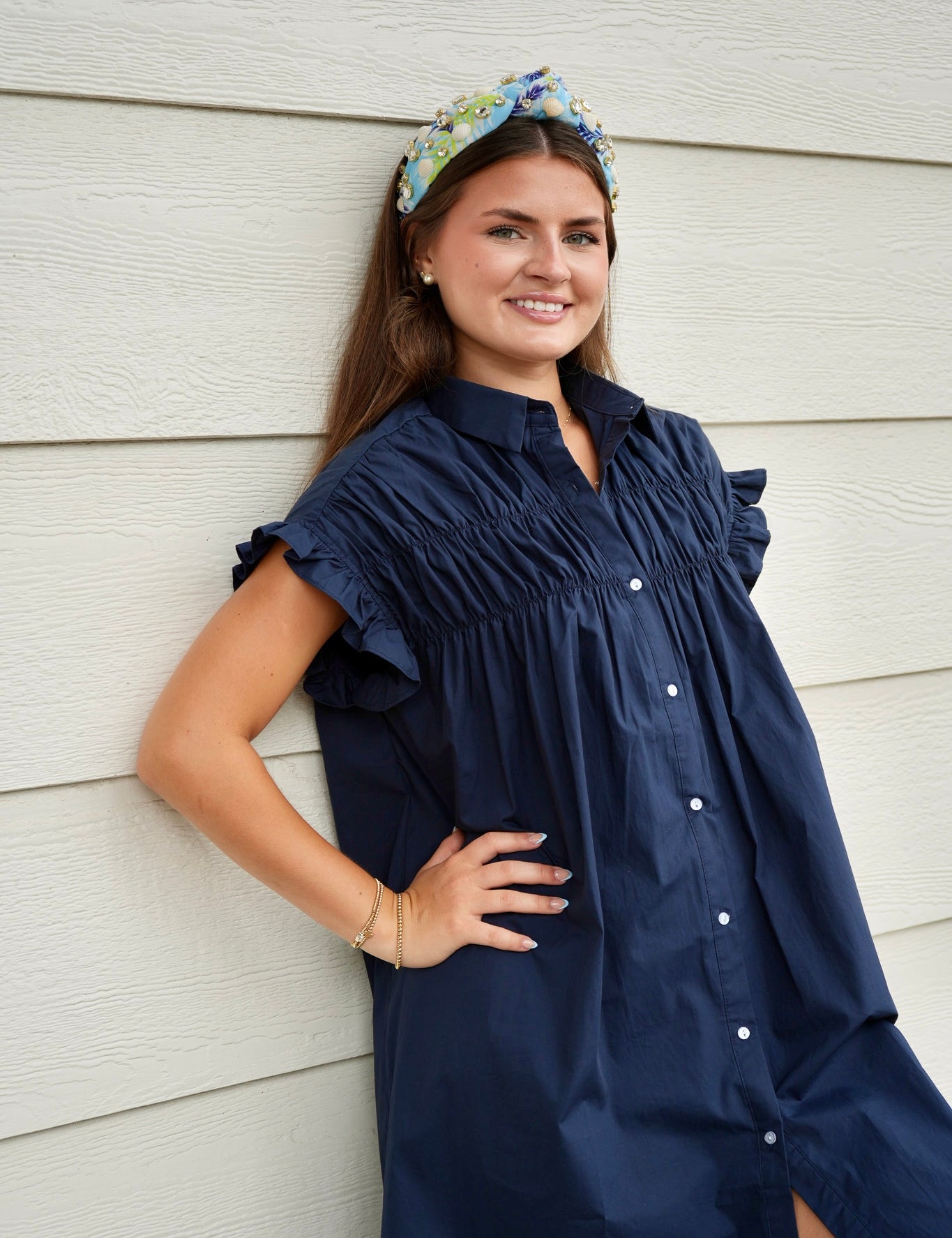 Elsa Gathered Shirt Dress - Navy Blue