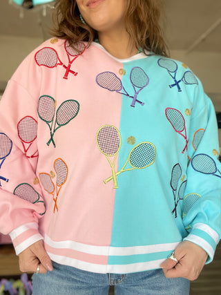 Colorblock Tennis Sweatshirt Light Pink and Blue Queen of Sparkles