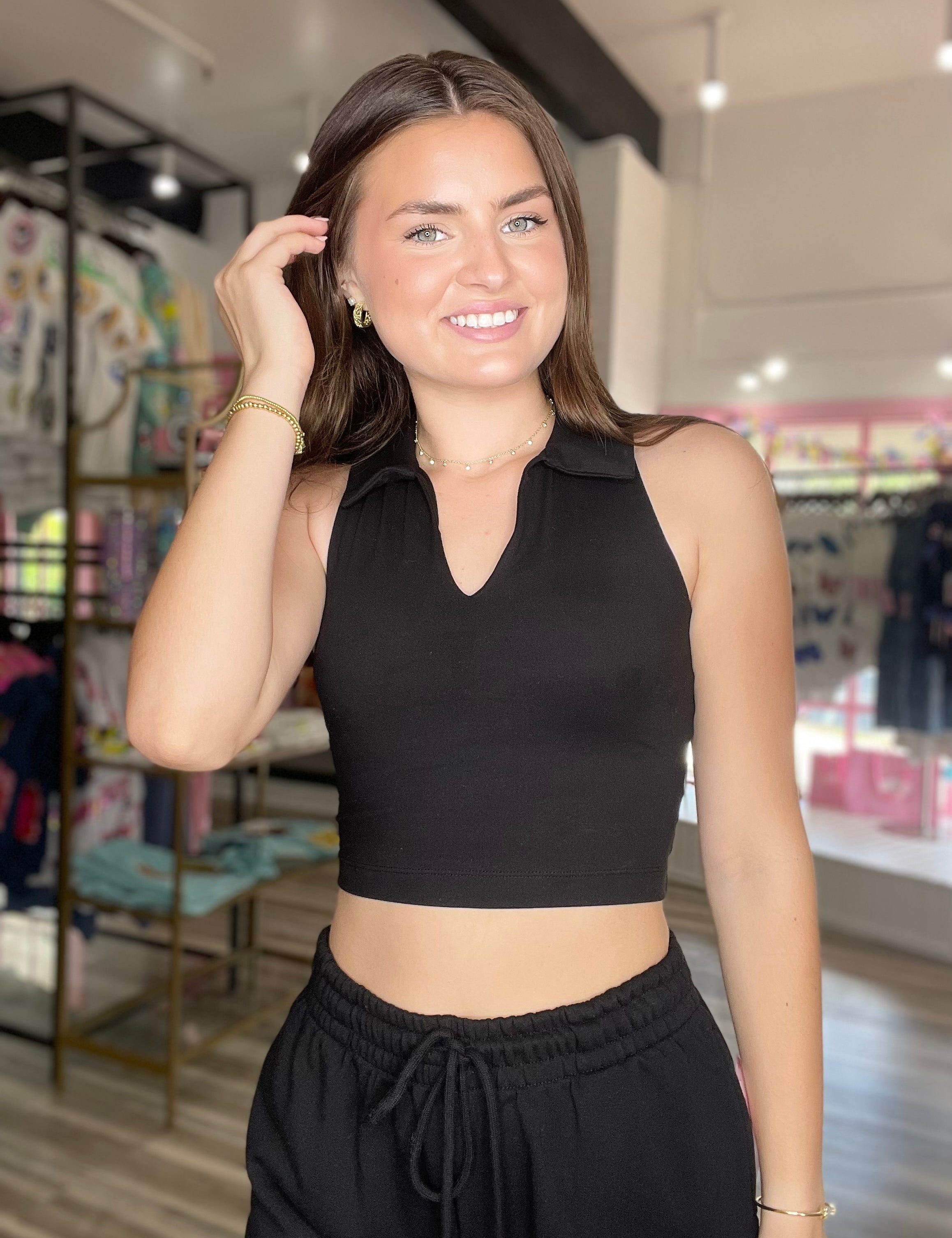 Farrah Butter Collared Cropped Tank Black